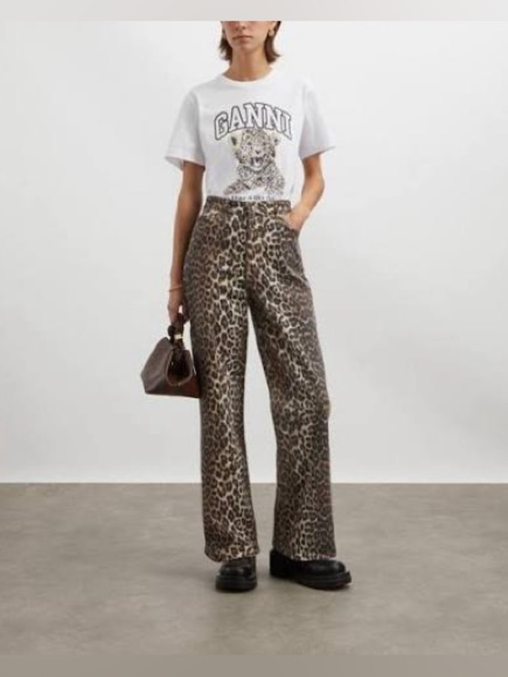 Ganni Izey Wide Leg Jeans in Leopard Size 24